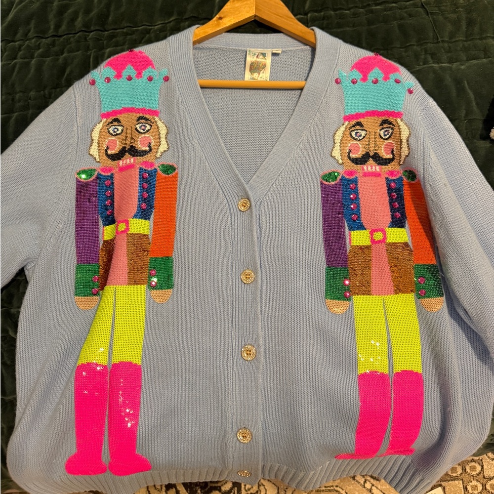 QUEEN OF SPARKLES blue nutcracker sweater cardigan size large